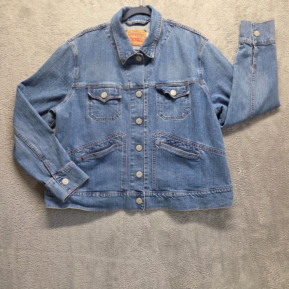 Vintage Levis Jacket Womens 2X Blue Trucker Long Sleeve‎ Medium Wash Y2K Denim